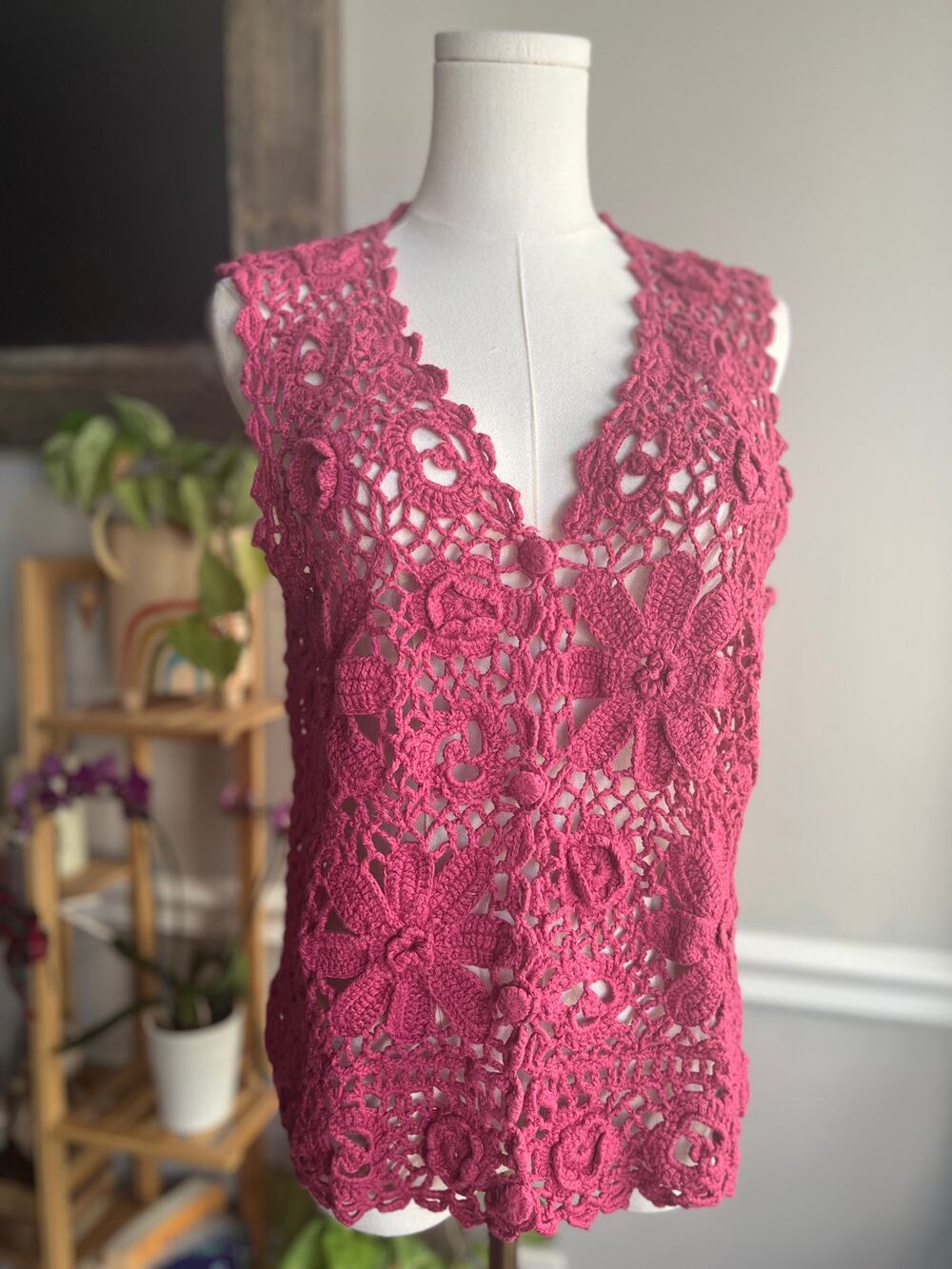 Vintage 90s Pink Crochet Vest Floral Cotton Sleeveless Blouse Size Medium